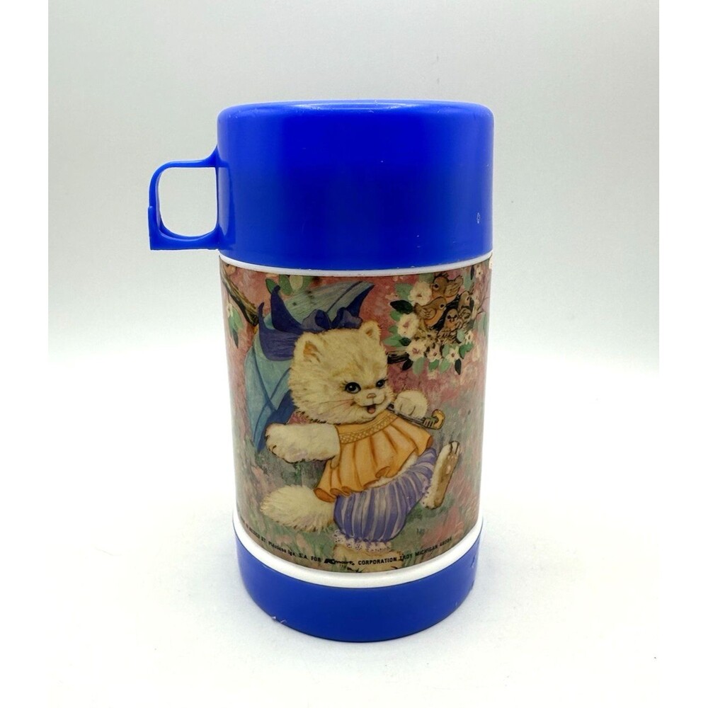 KENY Vintage Thermos Kitten and Flowers Blue Made in USA for KMart